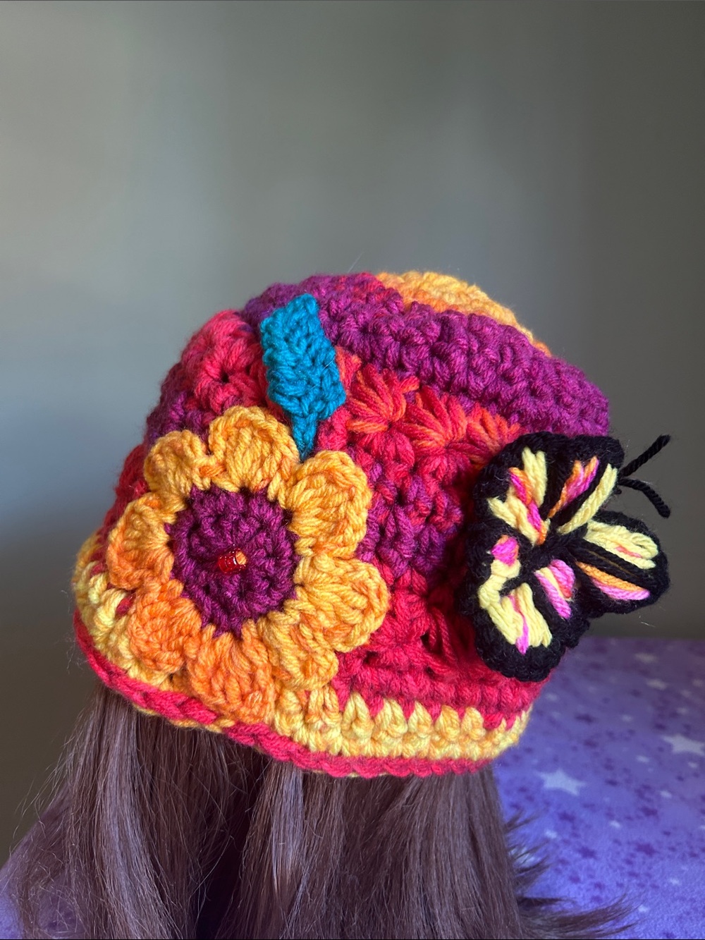 Crochet medium beanie soft acrylic yarn new butterfly